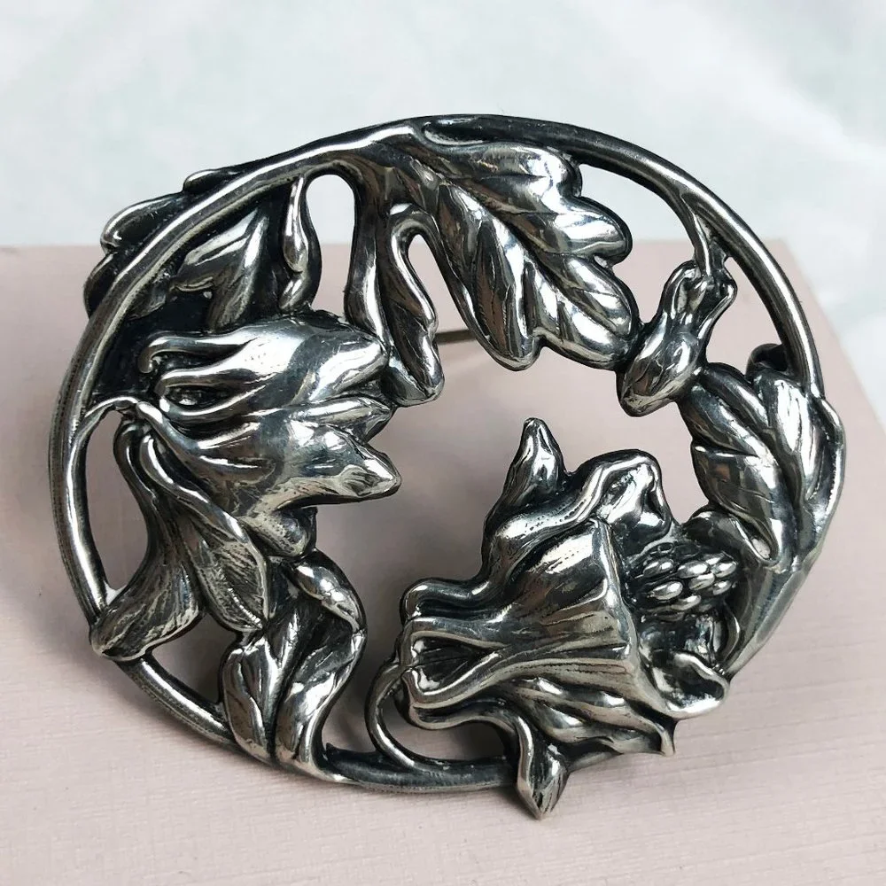 Huge thistle flower pin, large floral brooch silver tone